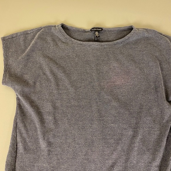 Eileen Fisher Ribbed Tunic Top Side Slits Casual Comfy Blue Large *Flaw Bleached - Picture 2 of 12